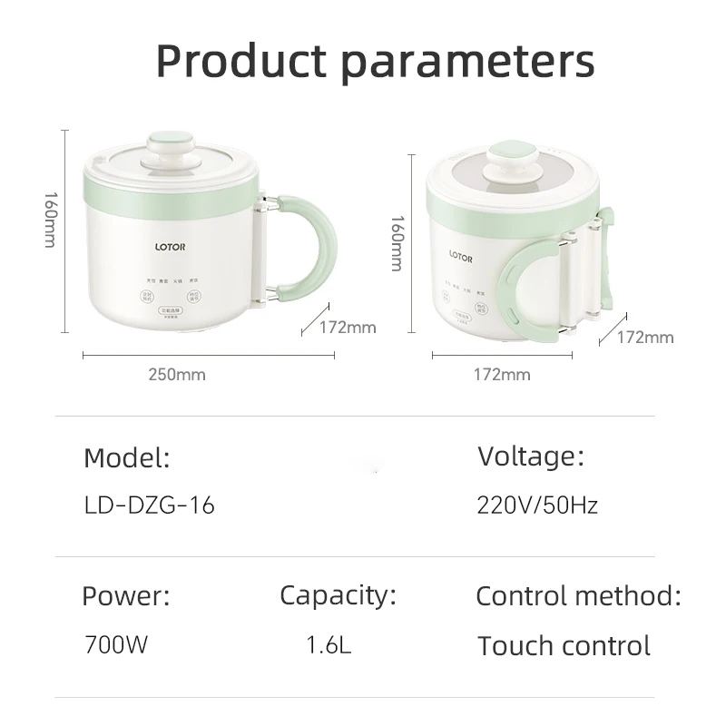 Olla de Cocina eléctrica de 1,6l, olla de arroz portátil con mango plegable, olla de viaje, Mini olla caliente para dormitorio, sartén eléctrica de 220V