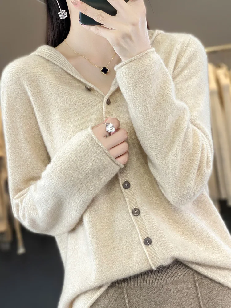 Spring Autumn 100% Merino Wool Women\'s Cardigan Sweater New Long Sleeve Cashmere Knitwear Casual Hoodie  Korean Popular Clothing