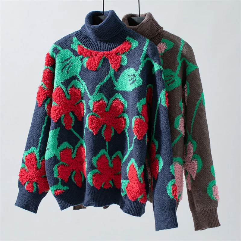 Women's 2024 Fall Flower Turtleneck Sweater Oversized Casual Long Sleeve Floral Knit Pullover Sweaters