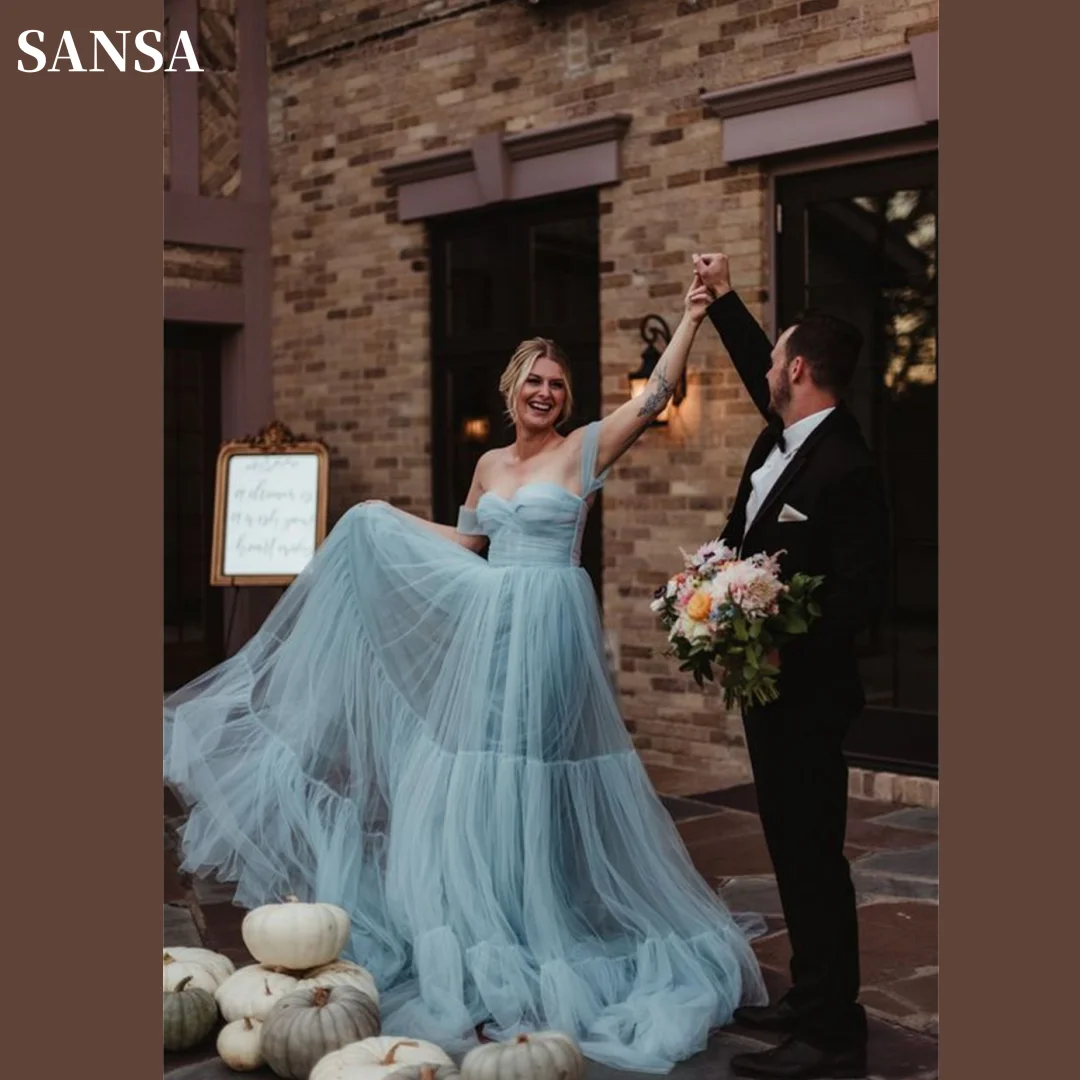 

Sansa Elegant Grey Blue A-line فساتين السهرة Sweet Off Shoulder A-line Vestidos De Noche Romantic Wedding After Party Dresses