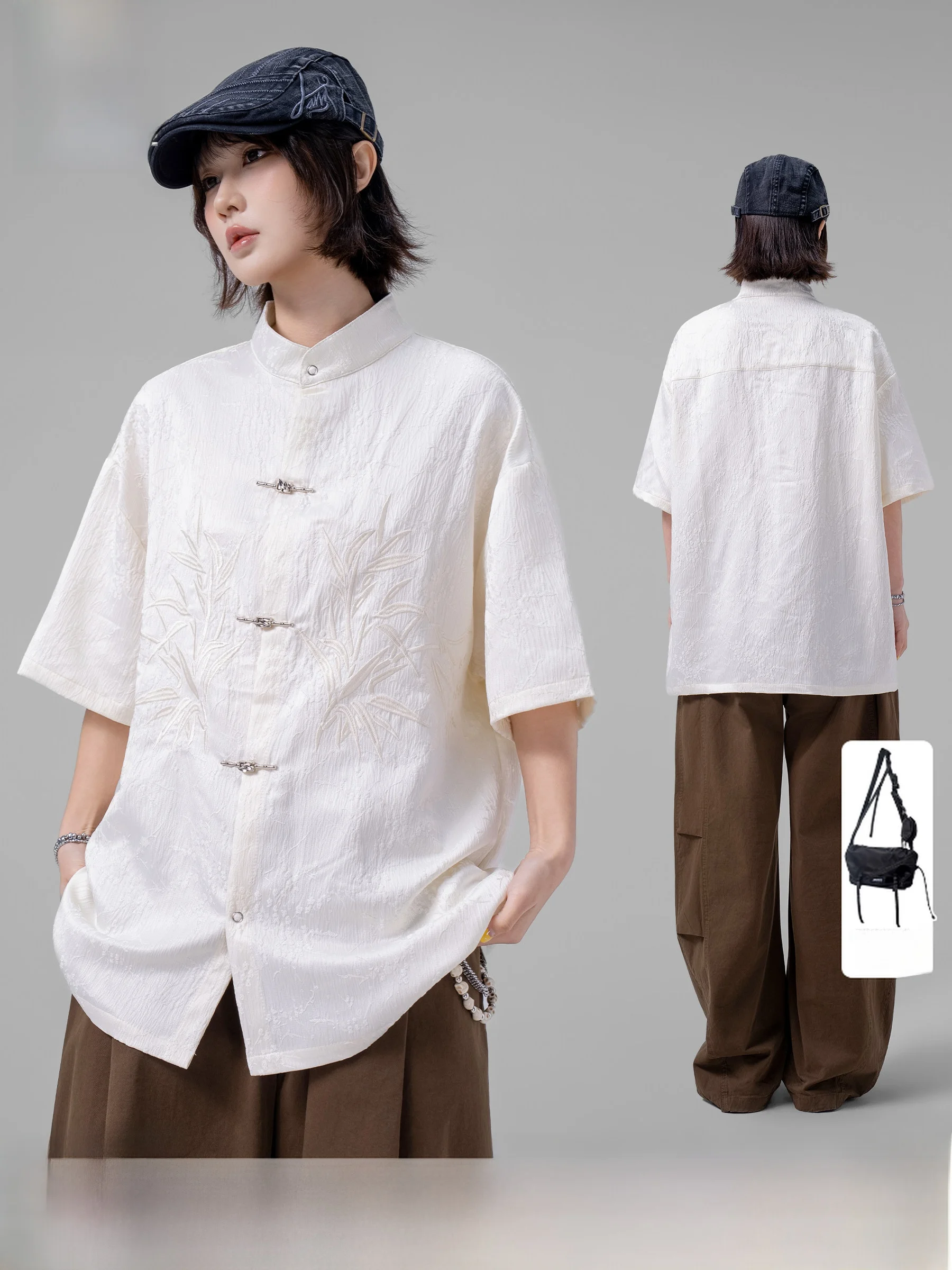 

AOGZ Short Sleeve Embroidered Stand Collar Shirt Unisex Spring Summer New Chinese Design Casual Shirt Youth Popular Polyester