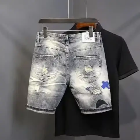 New High-Streets Summer Slim Denim Shorts for Men with Distressed Ripped Embroidered Cat Whiskers Hip Hop Streetwear Short Pants