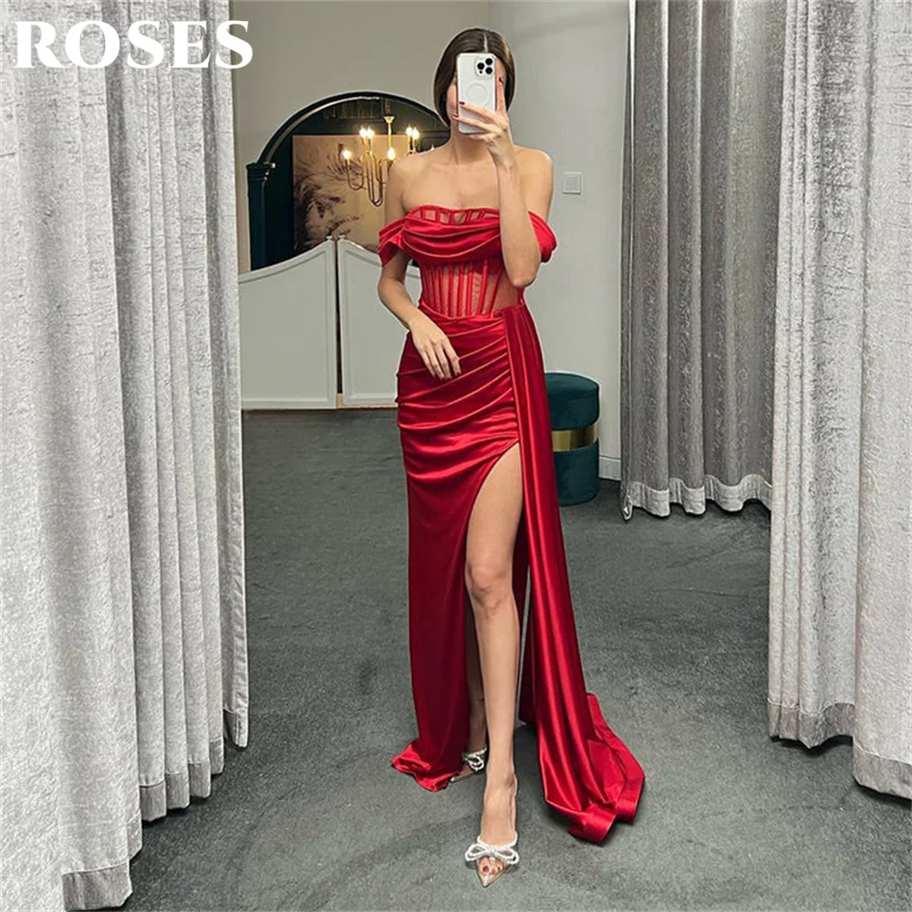 

ROSES Off the Shoulder Evening Dress Stain Red Prom Dress Side Split Trumpet robe de soirée Zipper Back Formal Dress with Slit