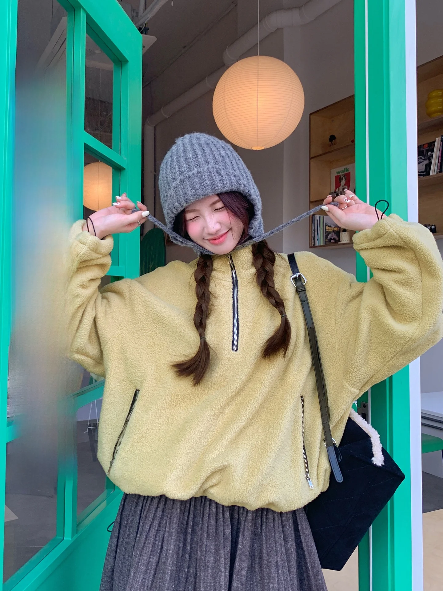 

Женская толстовка с капюшоном из овечьей шерсти, на молнии, с высоким воротником, оверсайз, в корейском стиле, с длинными рукавами, для повседневной носки, модная