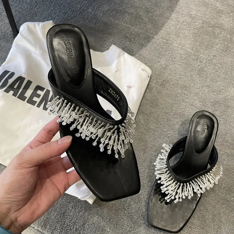 Dave&Di French Fashion Ladies Sandals Middle Summer Heel Slipper Sandals Women Mules Vintage Tassel Elegant Ladies