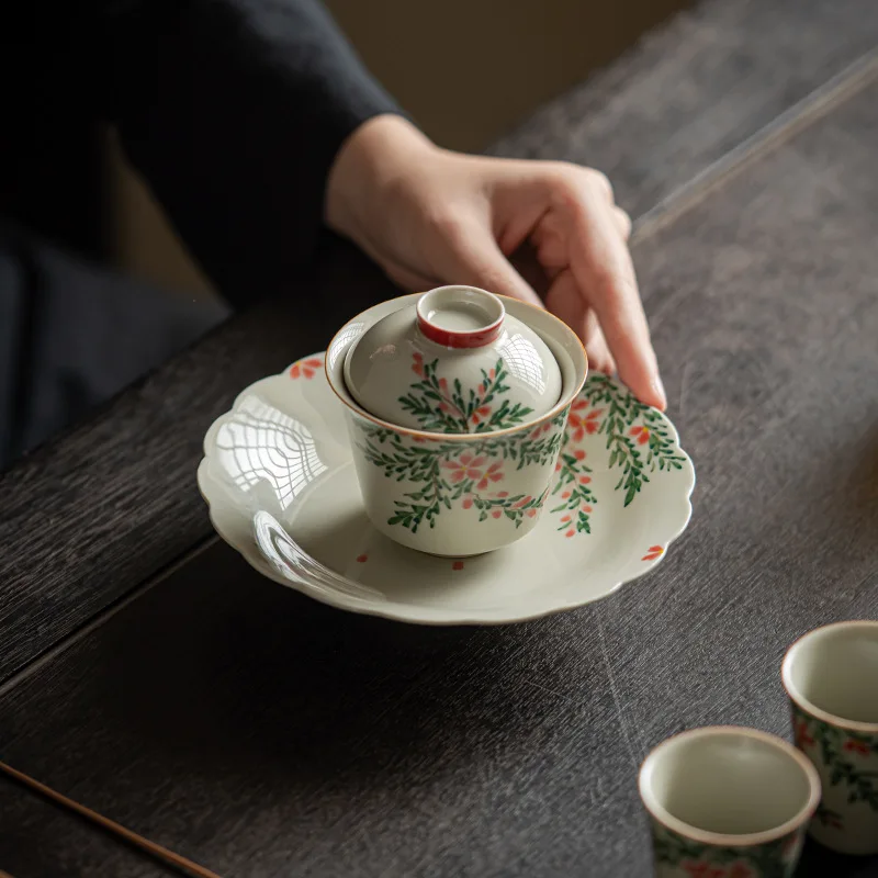 Handmade Ceramic Flower Mouth Small Tea Tray Hand Painted Campsis Grandiflora Pot Tureen Teapot Cake