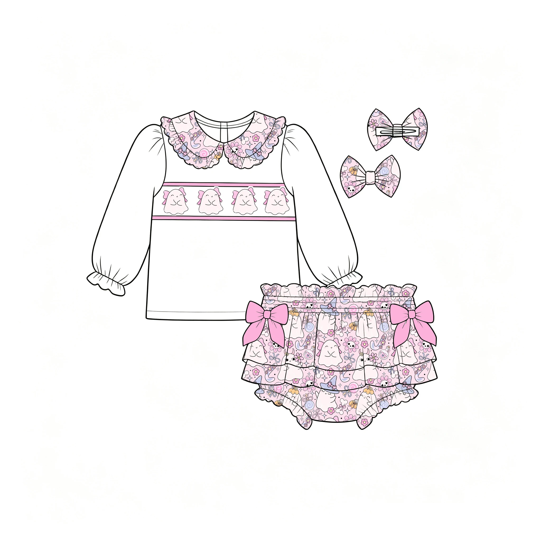 New Halloween-themed White Long-sleeved Collared Top Paired with Printed Double-layered Ruffle Shorts Girls Boutique Set