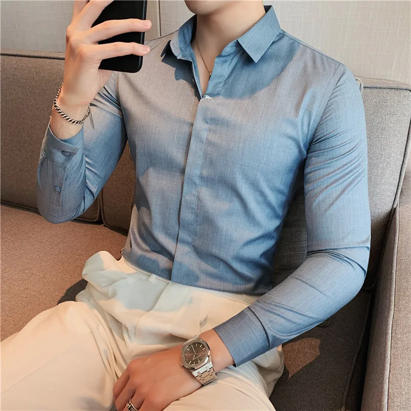 

New Concealed Button Fashion Embroidered Shirt Men's Long Sleeve Slim Fit Business Solid Color Casual Dress Shirts Men Clothing