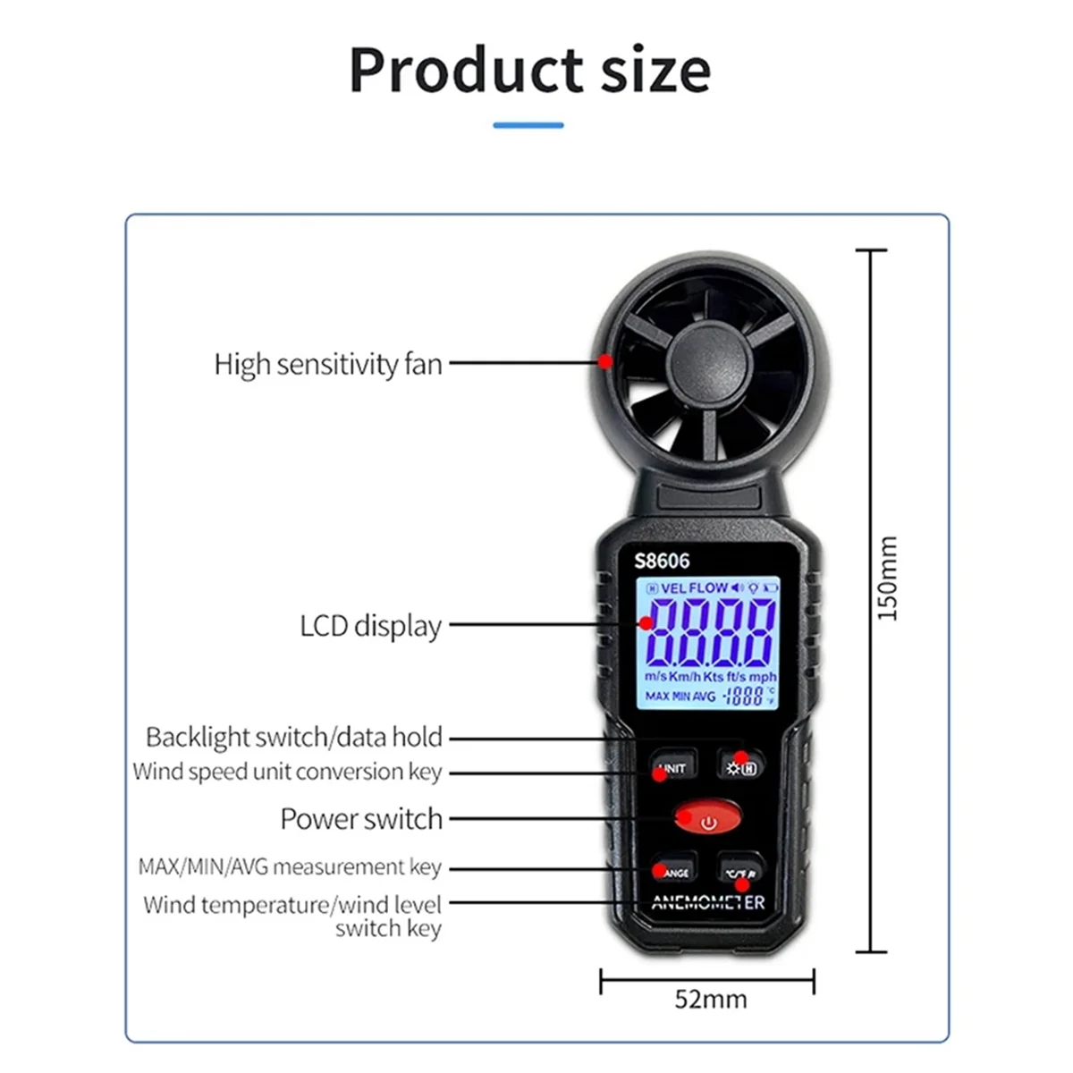 S8606 Anemometer Wind Meter Tester Measuring Air Indoor Outdoor Wind Speed Temperature Volume Sensing High Precision