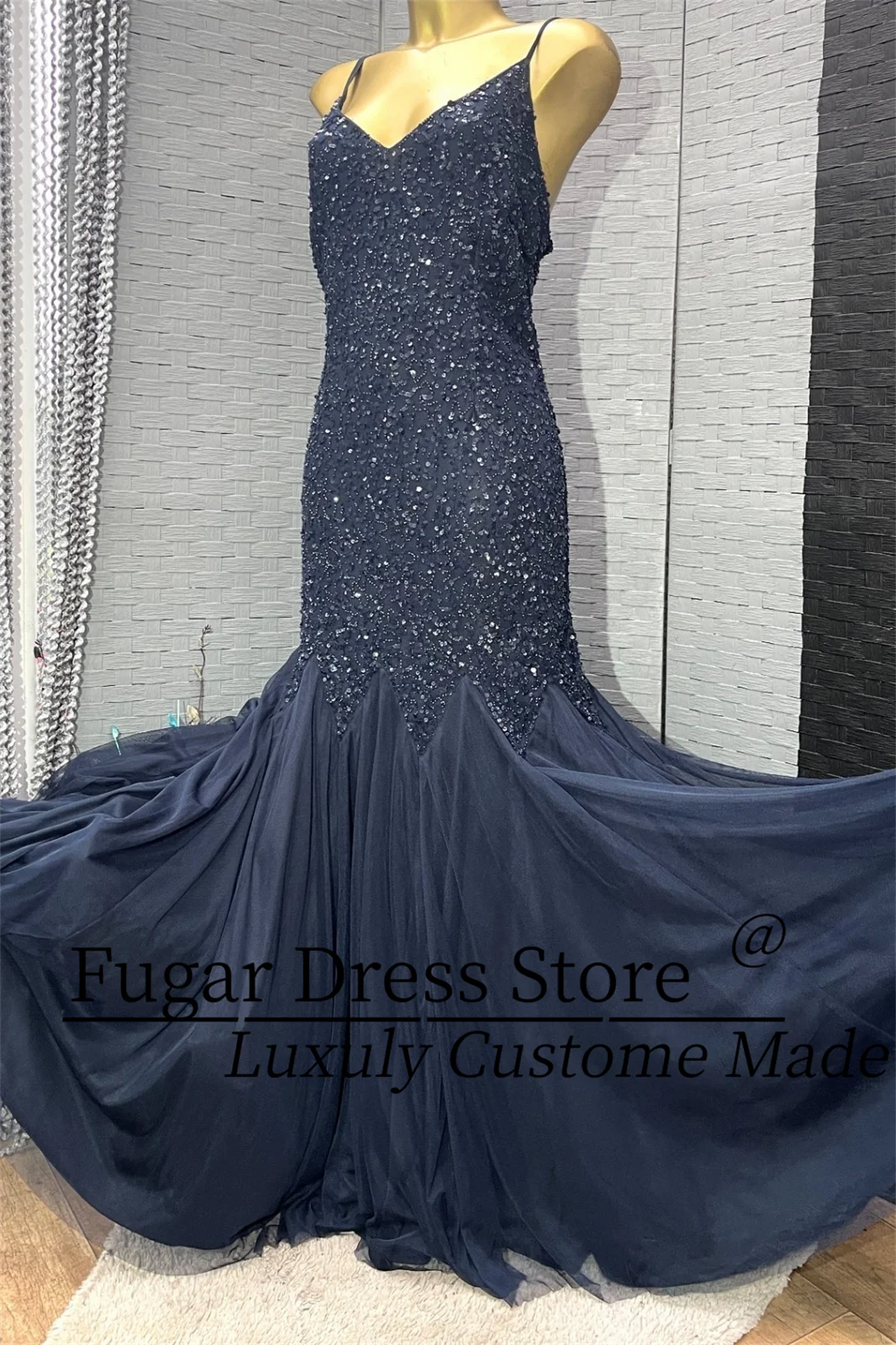 

TIANTIAN Magnificent Elegant Navy Blue Beaded Evening Occasion Maxi Fish Tail Dress Cocktail Wedding Party Gown robes de soirée