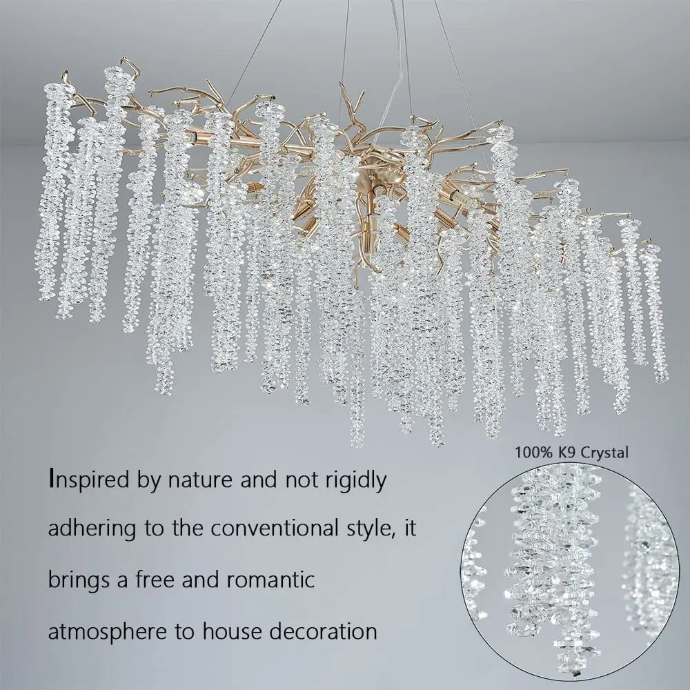 Large Crystal Pendant Lamp For Dining Room Rectangle Hanging Lights Fixtures For Kitchen Island Branch Pendant Lights Gold
