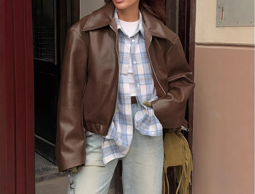 Retro Wine Red Leather Jacket for Women in Autumn 2025 Fashionable Matte Leather Outer Set