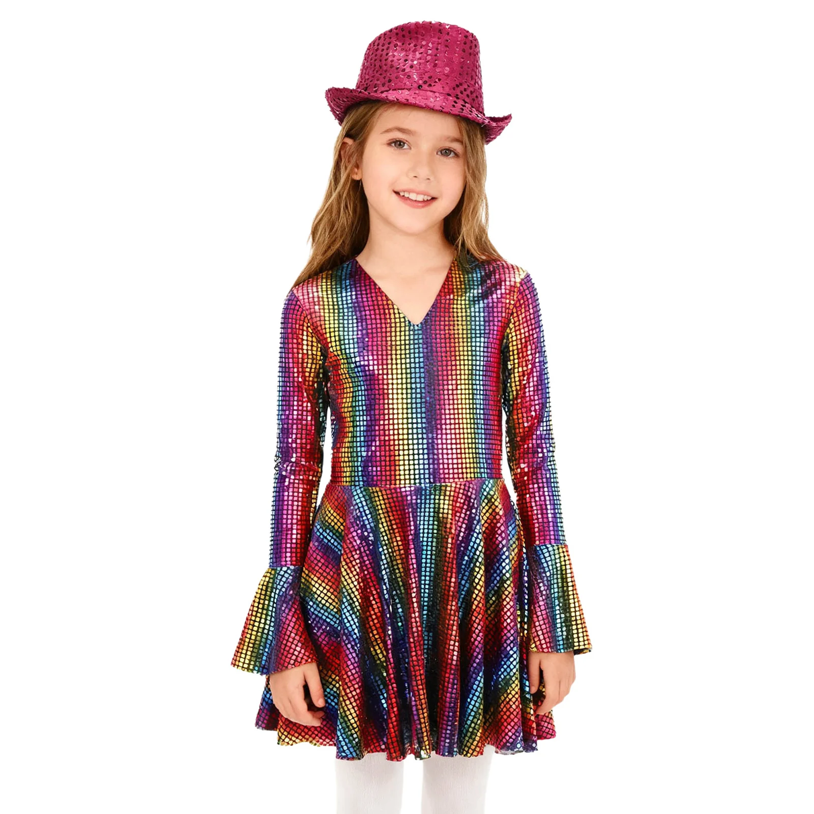 男の子 女の子 70年代 ディスコ ジャズ ダンス衣装 メタリック シャイニー Tシャツ/ドレス スパンコール付き フェドーラハット カーニバル パーティー ヒッピー ストリートウェア