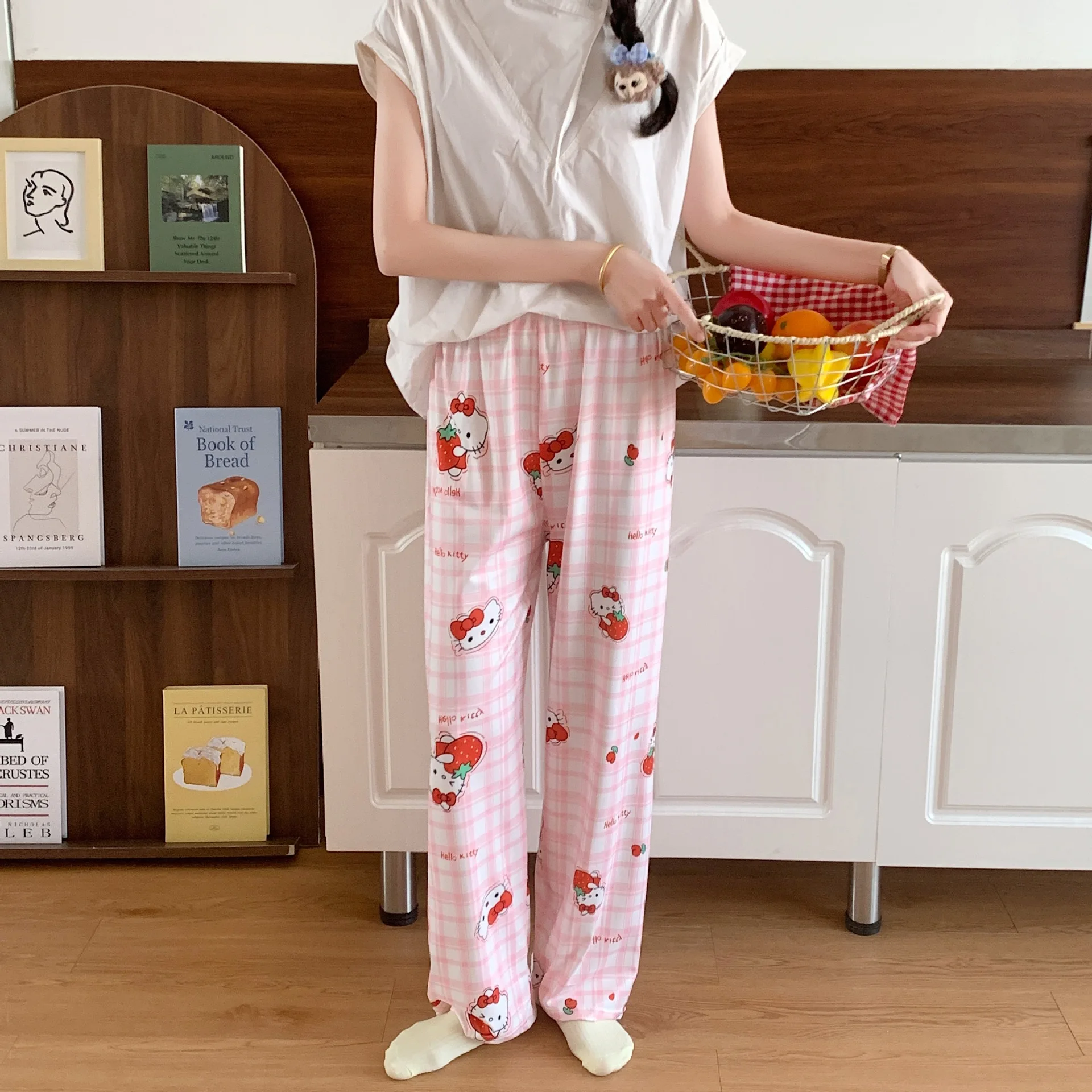 HelloKitty 여성 잠옷 바지 만화 귀여운 느슨한 홈 잠옷 봄 여름을위한 긴 짧은 바지