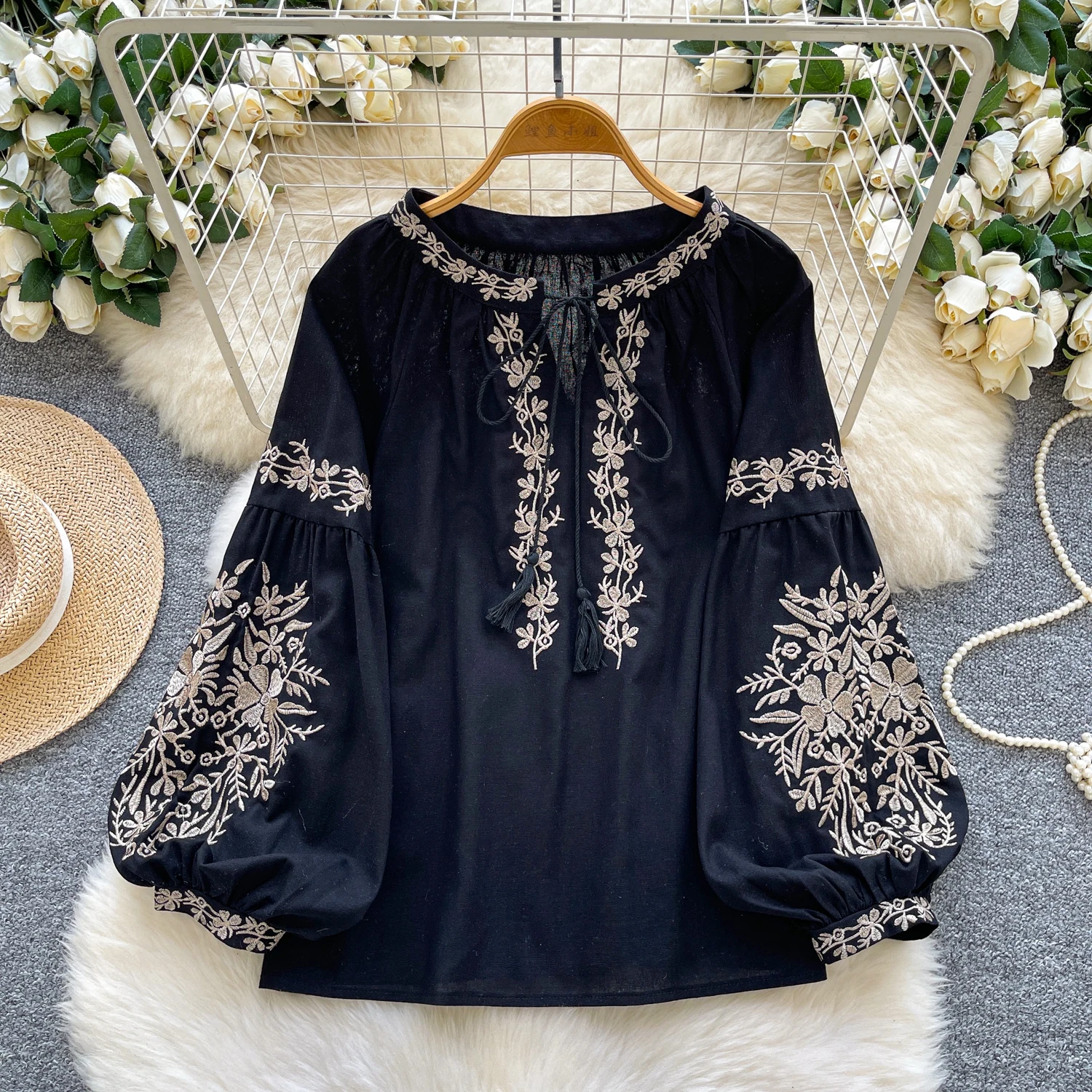 chic vintage Embroidered loose long sleeve korean fashion blouse Female autumn women clothing