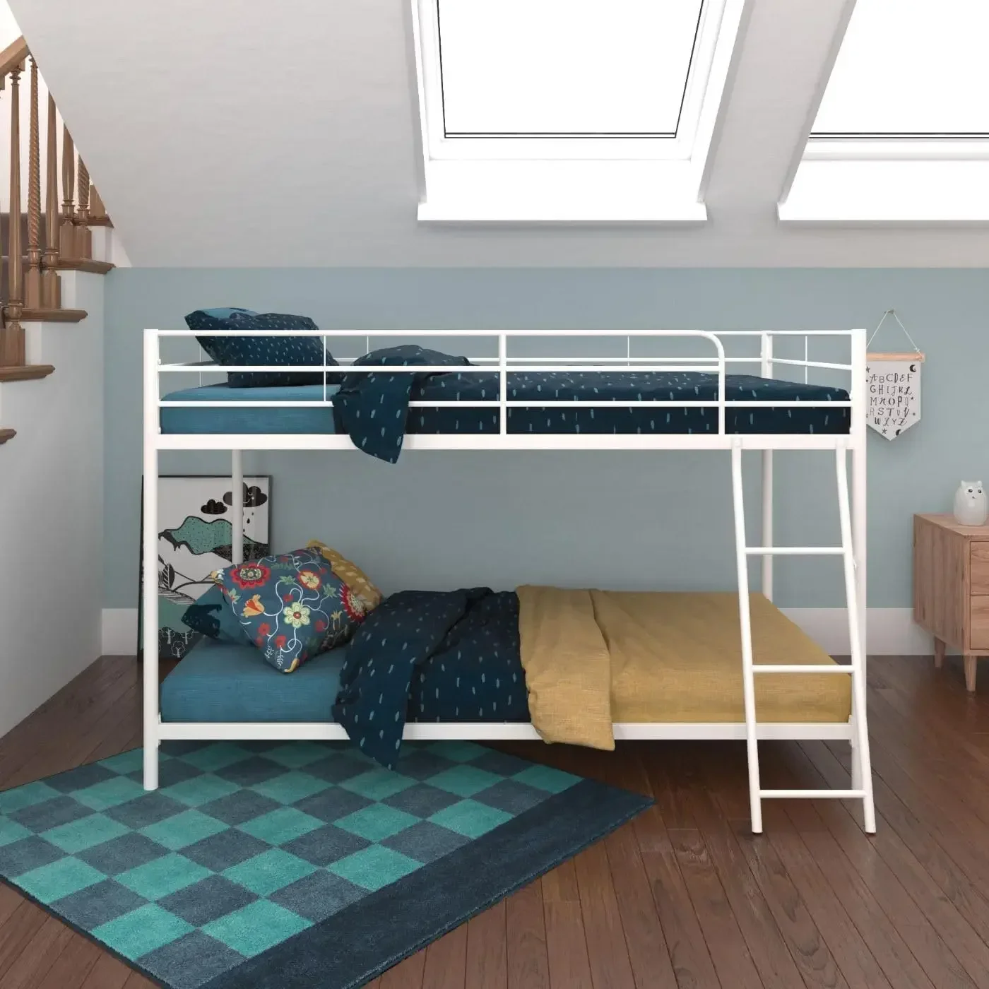 Junior Low Metal Bunk Bed Frame for Kids, Teens and Adults, With Angled Ladder, High Guardrail, Metal Slats,Smooth Rounded Edges