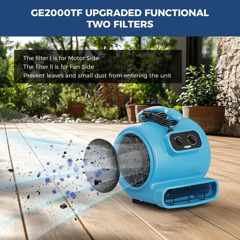 مروحة نفخ محرك الهواء 2000 CFM للصناعة، مروحة تجفيف الأرضية، مجفف السجاد - مؤقت، فلتر، قابل للتكديس، 3 سرعات، 5 Adj