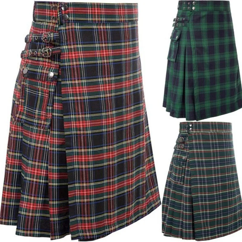 

Men's Scottish Holiday Skirt Plaid Midi Dresses Men Cosplay Cotton Jeans Hybrid Kilt Y2K Plaid Contrasting A-line Pleated Dress