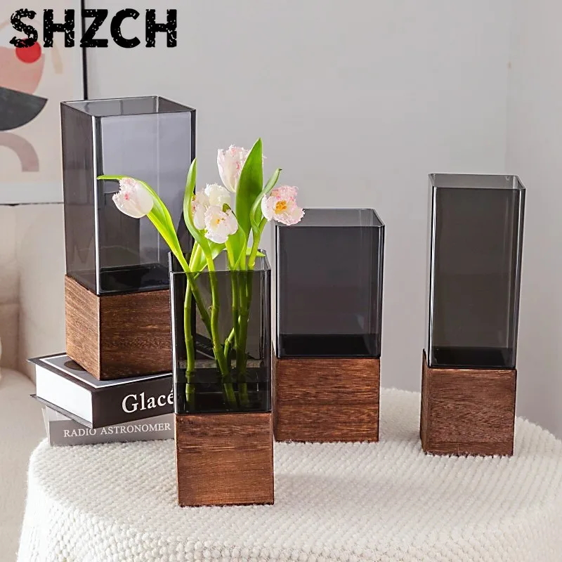 New Chinese-style Acrylic Cylinder Vase with Anti-slip Wooden Base - Elegant Living Room Floral Decor, Shockproof Flower Arrange
