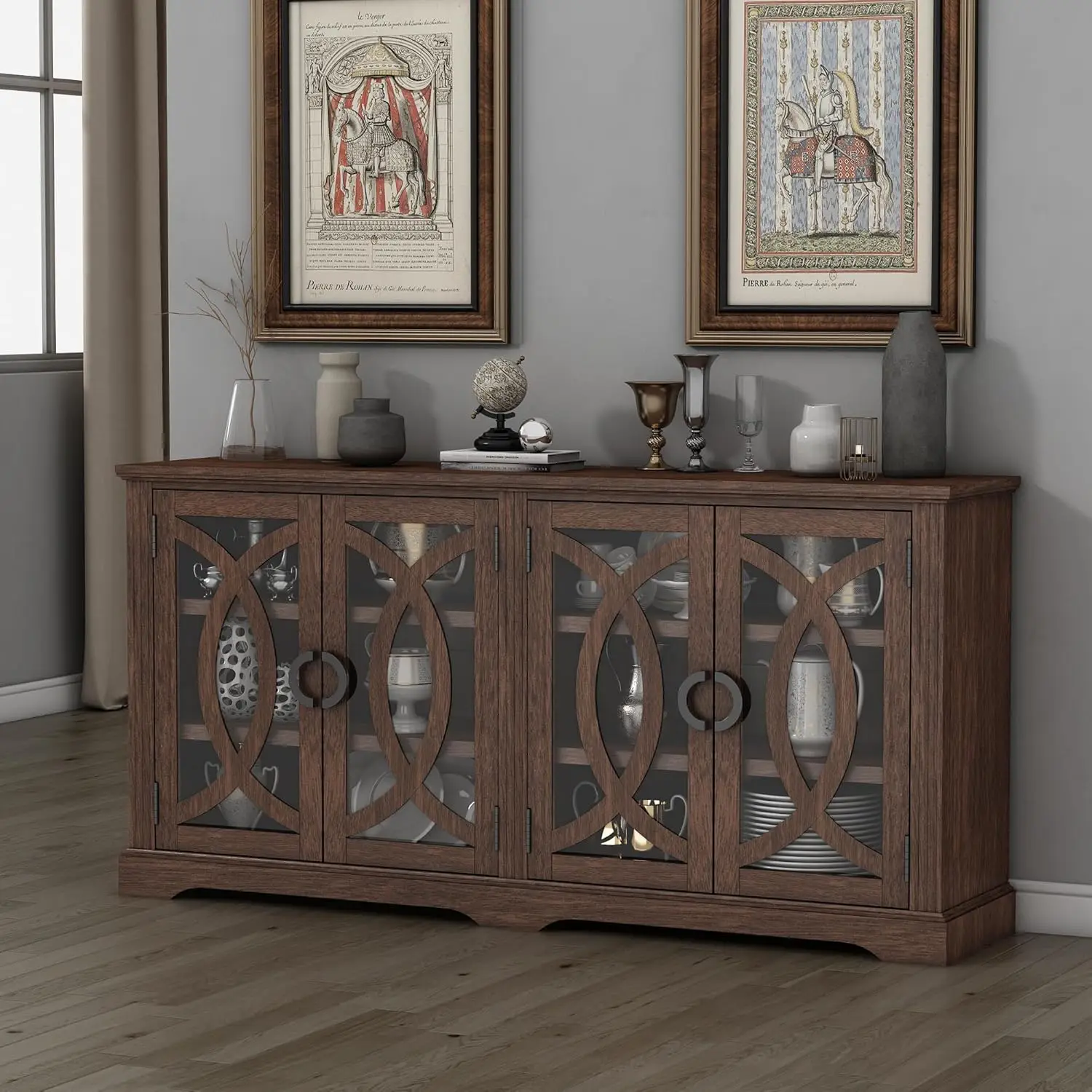 Wanan-aparador de Buffet de 69 ", armario de Buffet de granja con 4 puertas de granero de cristal, armario de almacenamiento de madera para Cocina