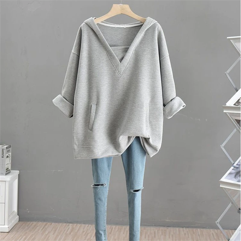 Women Trendy Simple Casual Oversized Streetwear Hooded Sweatshirts Autumn Solid Long Sleeve Pullover Tops Female Pockets Hoodies