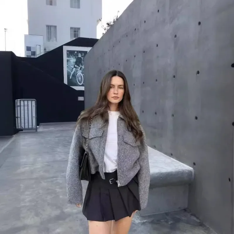 

Women Fashion With Pockets Grey Front Zipper Jackets Vintage Lapel Neck Long Sleeves Female Chic Lady Outfits