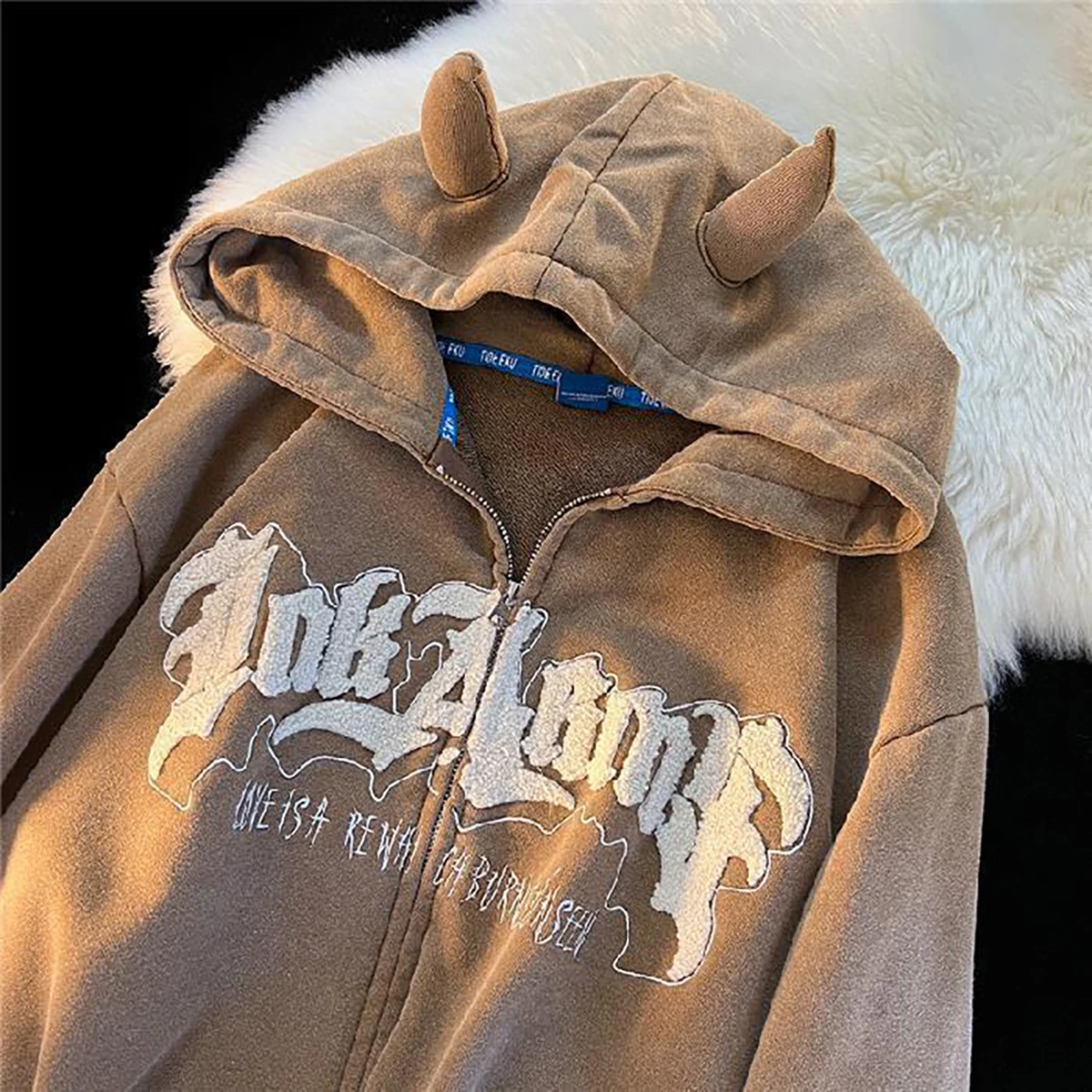Women Retro Hoodies Zipper Long Sleeve Jacket Coats Casual Hooded Oversized Sweatshirts Y2k Streetwear Couples Letter Devil Tops