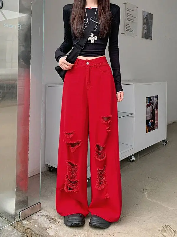 

Summer New plus Size Girl Wide Leg Pants Women's Fat MM American Retro Red Hole Straight Denim Jeans High Waist Zipper