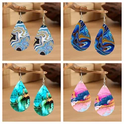 Bohemian Style Water Drop Shape Wooden Earrings Turquoise Pattern Colorful Waves Print Pendant Dangle Jewelry Women Holiday Gift