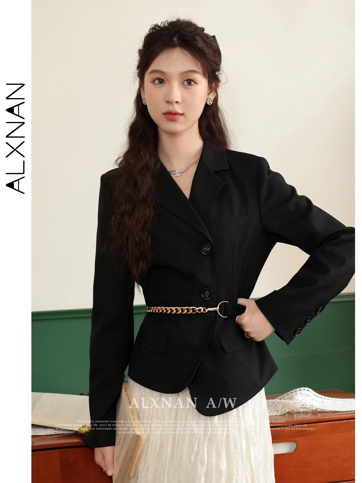 ALXNAN Black Straight Blazer Women 2024 Autumn Commuter Casual Polo Collar Single Breasted Long Sleeve Suit Jacket LXN31136