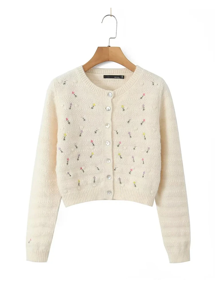 

Cute Flower Embroidery Print Girls Single Breasted Beige Short Sweater Female Casual Long Sleeve O-Neck Knitted Cardigans