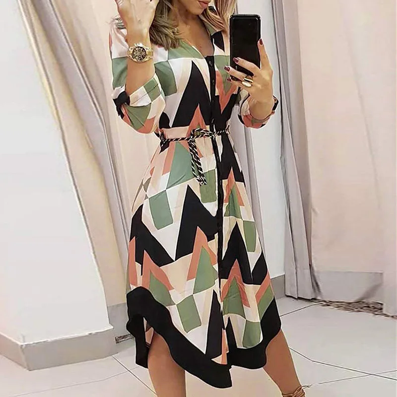 2024 Damska jesienna nowa moda i elegancka sukienka z nadrukiem V-neck Sznurowana sukienka z długim rękawem o średniej długości
