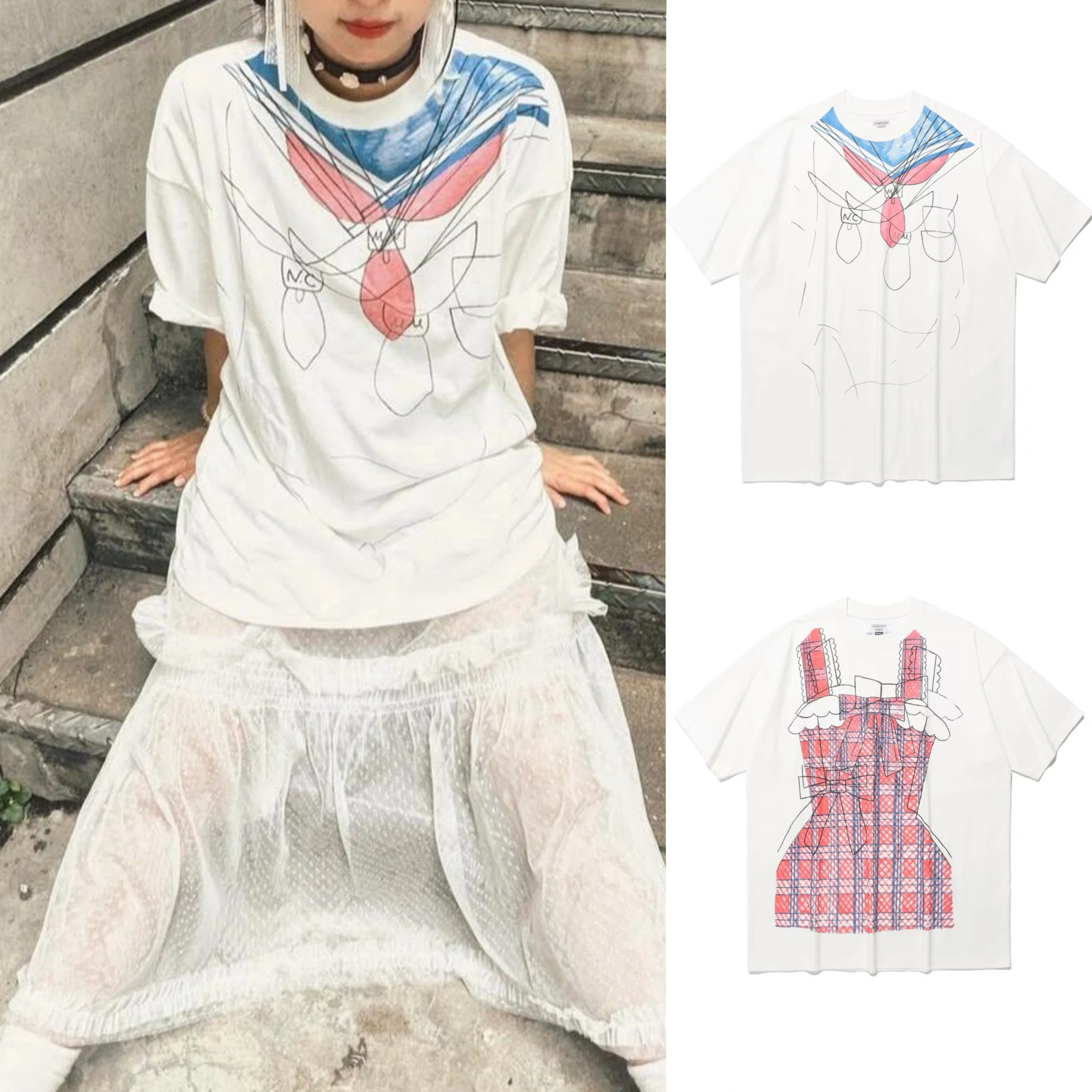 

Cute Soft Sailor Collar Short Sleeve T-Shirt Loose Fit Cartoon Print Graffiti Style Summer Casual Cotton round Neck Top