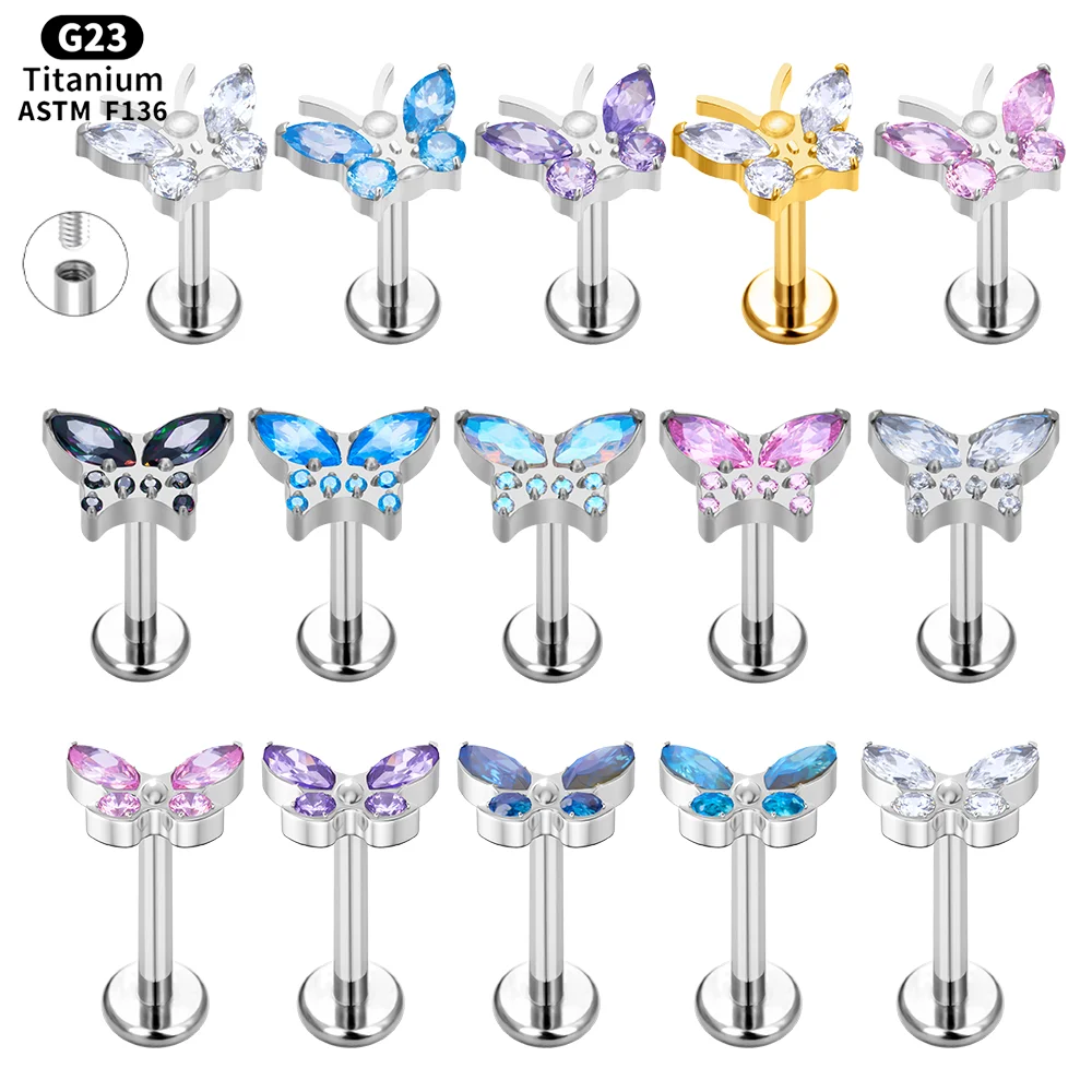 

G23 Titanium Colorful CZ Butterfly Labret Lip Nose Stud Internal Thread Ear Cartilage Tragus Helix Lobe Piercing Body Jewelry