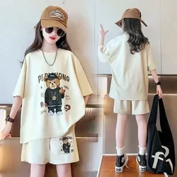 T-shirt+Shorts 2-piece Clothes Sets Kids Girls Fashion Korean Style Cartoon Bear Summer Sports Casual Outfit Suit 1-12 Year Old