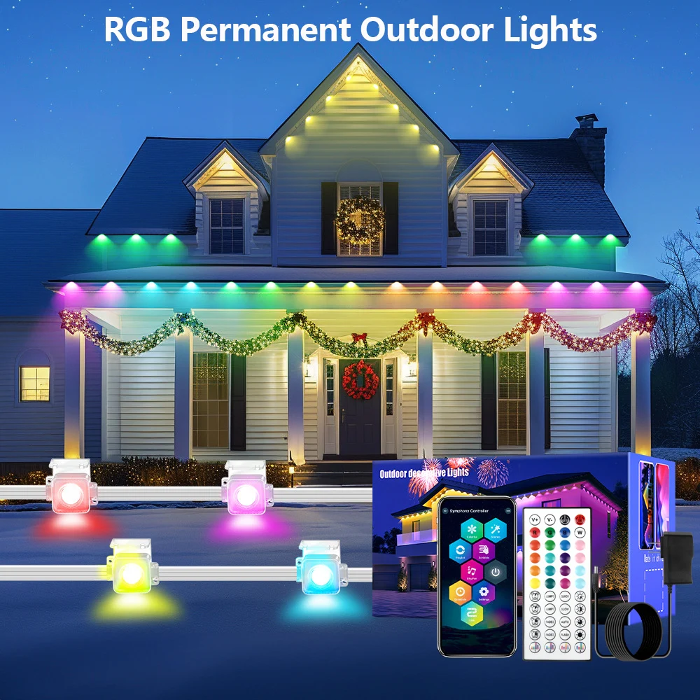 

RGB Permanent Outdoor Lights App Control With 44Keys Remote 15M/30M DIY Scene Modes Music Sync Waterproof for Outdoor Decoration