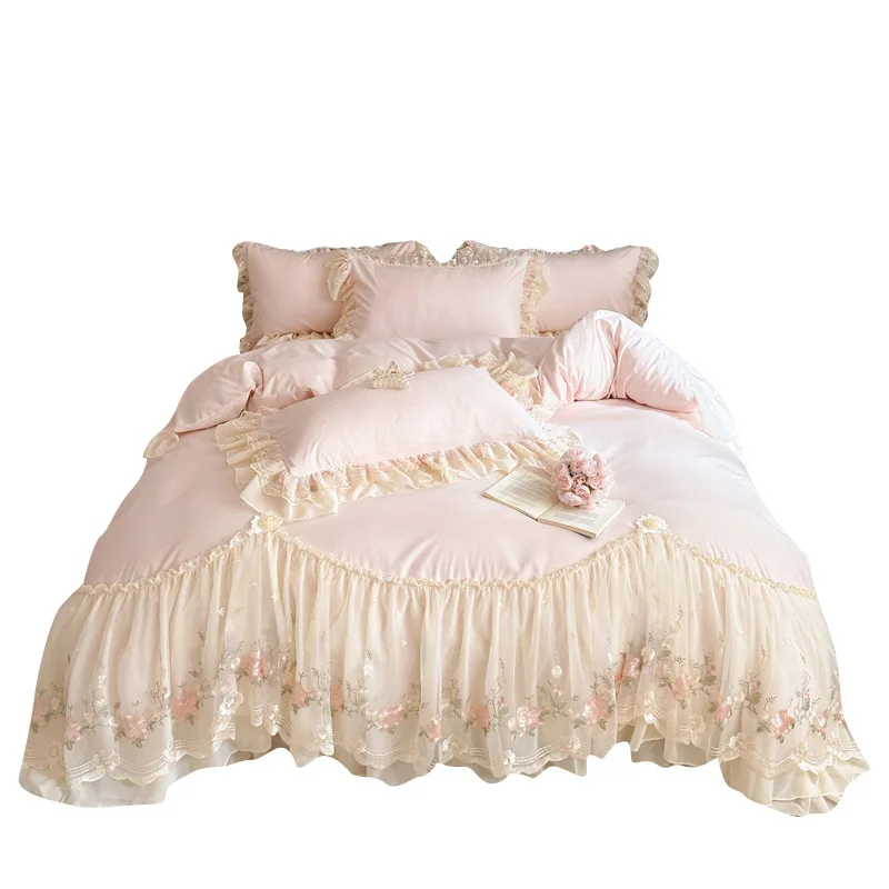 

Korean princess wind washed cotton bed four-piece set girl heart lace embroidered quilt cover bed sheet three-piece set