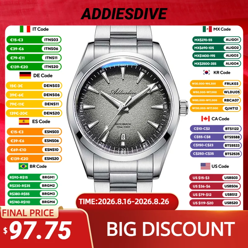 ADDIESDIVE 39mm Edelstahl AD2527 Tauchen Automatische Mechanische Uhr Für Männer Luxus Wasserdichte Leuchtende Kleid männer Uhren