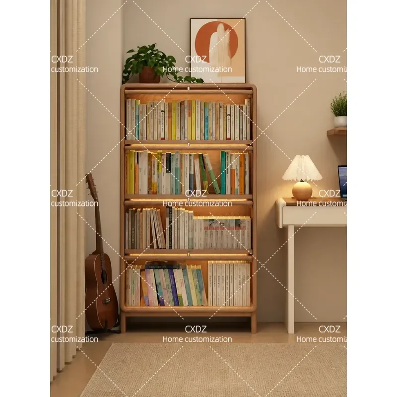 Dust Proof Bookcase with Glass Door Small Floor to Ceiling Solid Wood Display Cabinet Antique Style Living Room Shelf