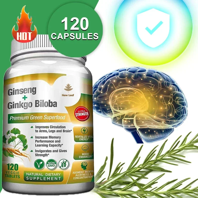 Ginseng + Ginkgo - Premium Non-GMO/Vegetable Superfood - Traditional Energy Supplement & Brain Enhancer with Eye Health Benefits