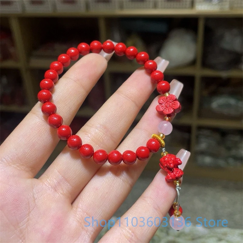 Flower Cinnabar Bracelet Natural High Content Cinnabar Handmade Carved Bracelet Versatile Bracelet Cinnabar Taiwan