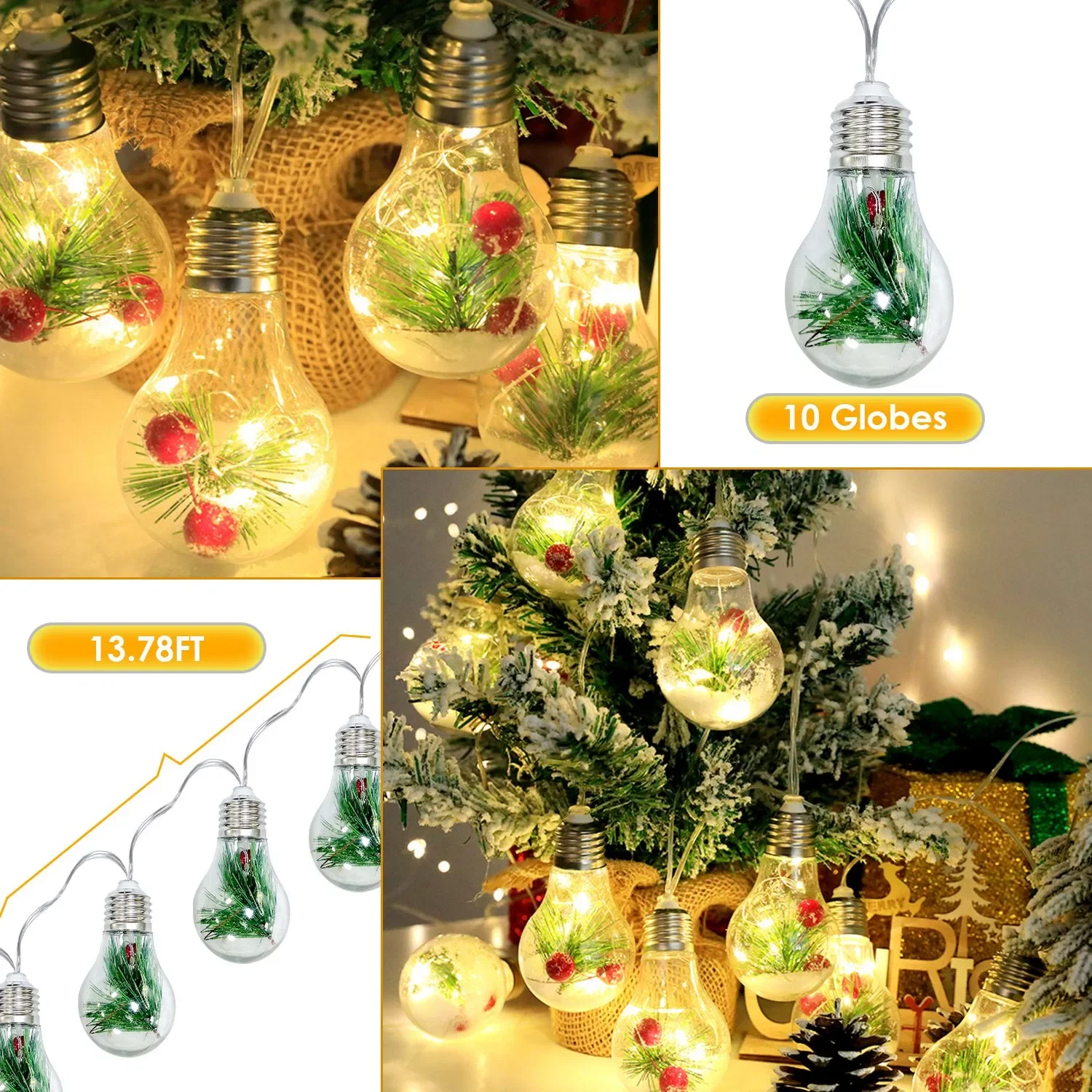 13.78FT Christmas Snow Globe String Light Battery Powered 10LED Bulbs Indoor Christmas Lights w/ Pine Needles Snowflakes Berries