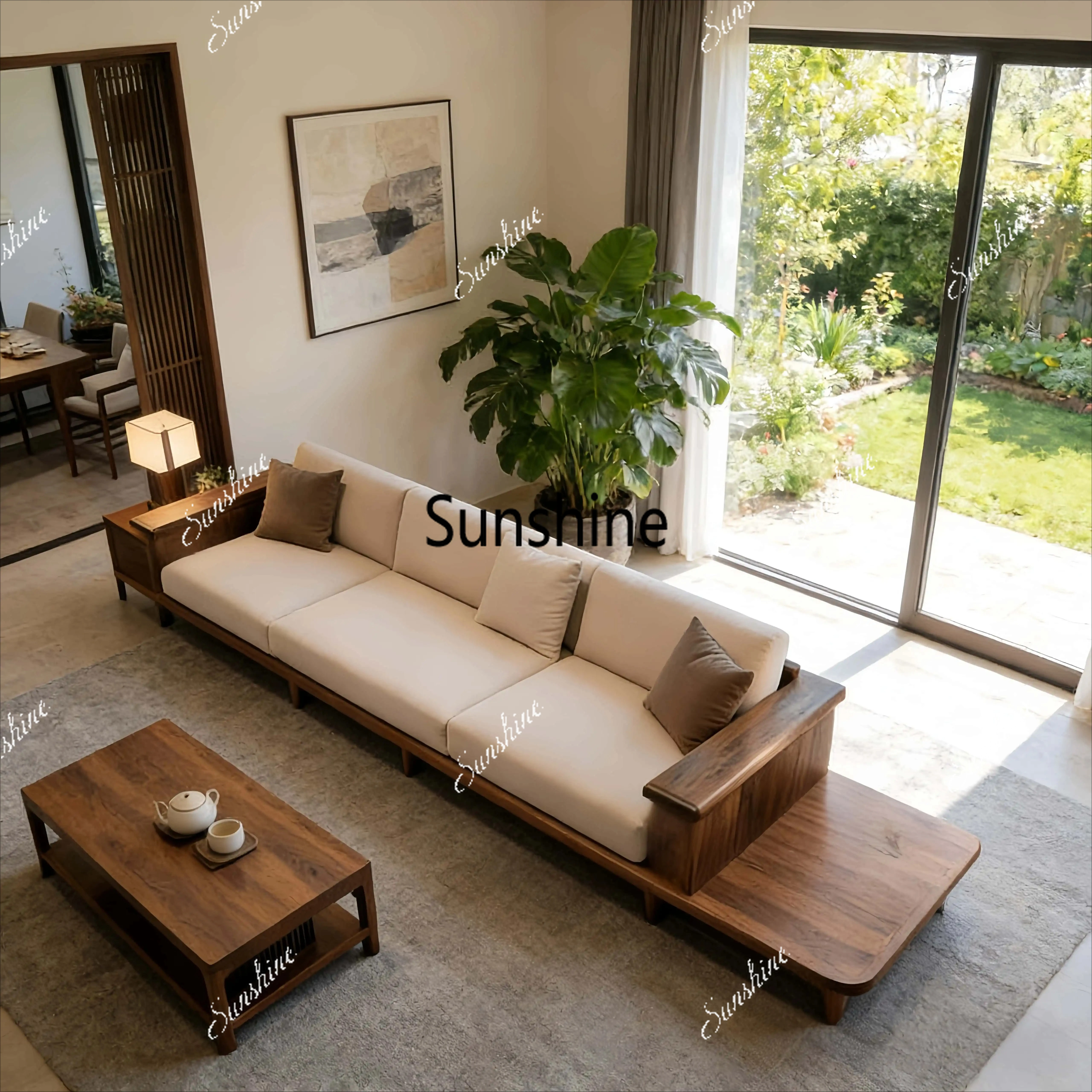 

New Chinese style, solid wood living room sofa, high-end, simple three-person straight row