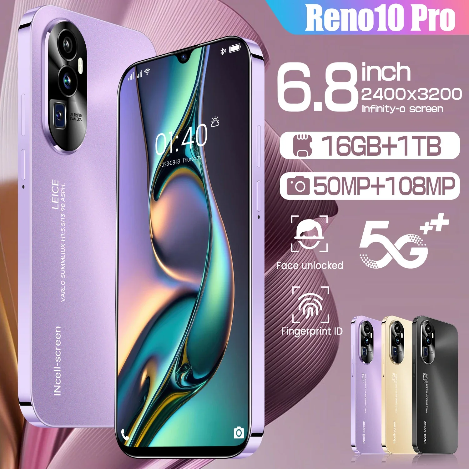 New HOT Reno 10 Pro 6.8 inch 5g smartphone Android 14 Snapdragon 8gen2 10core dual SIM cellphones 6800mAh mobile phones