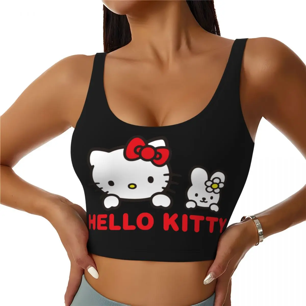 

Custom Women Hello Kitty Cartoon Sports Bras High Impact Gym Workout Running Crop Tank Tops