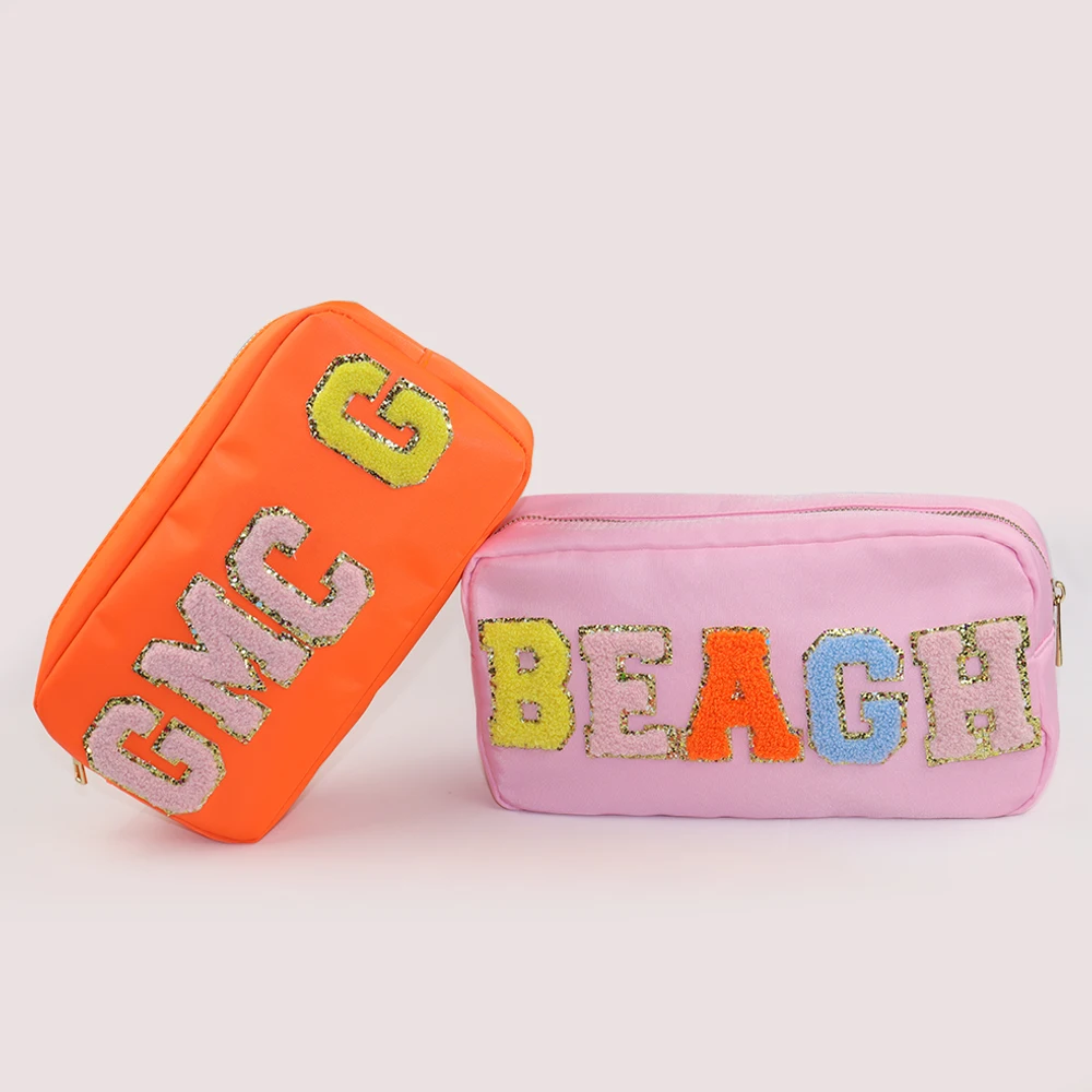 New Summer Orange Pink Makeup Bag Personalised Fabric Letter Patches Pouches Gift Travel Nylon Zipper Cosmetic Bag Custom