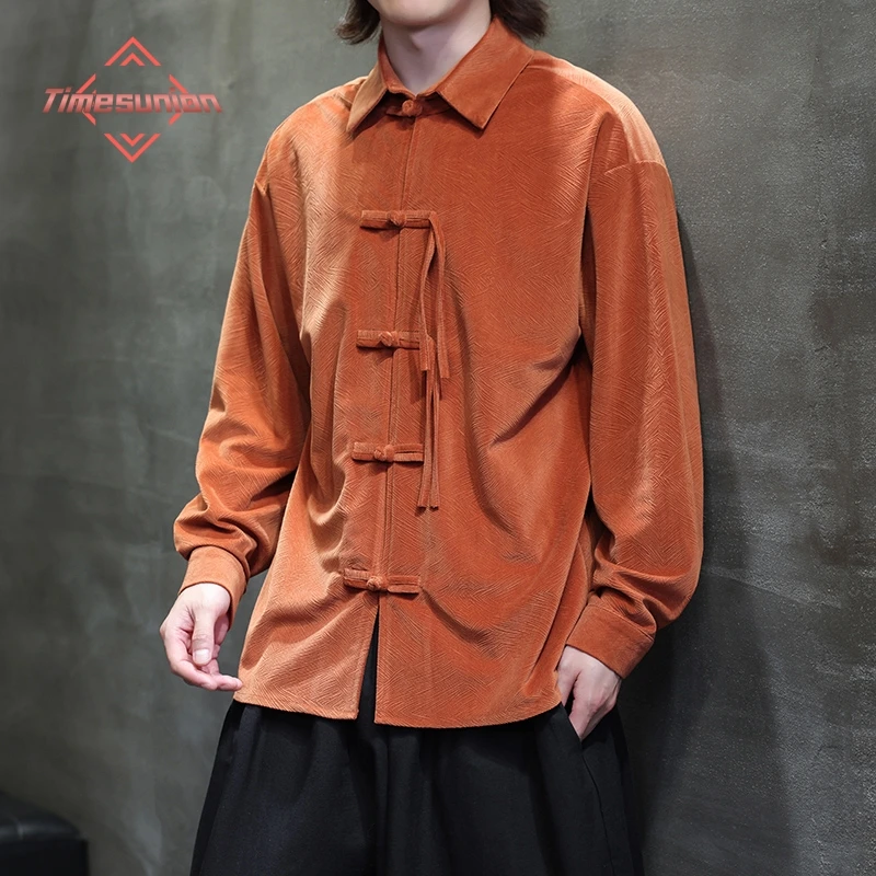 

Spring Autumn Long Sleeve Shirts Men Turn-down Collar Vintage Hanfu Shirts Loose Chinese Style Velvet Shirts Outerwear Top
