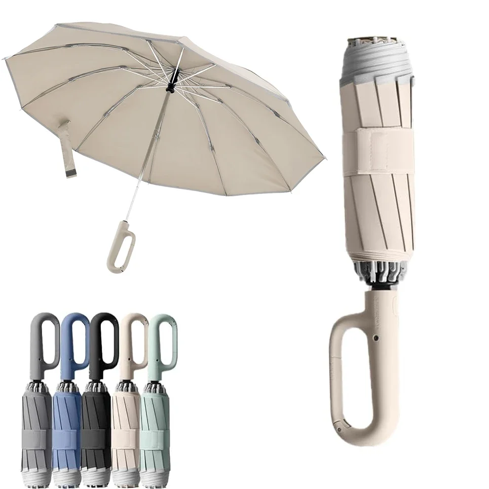 

Fully Automatic Umbrella Wind Rain Sun Folding Umbrella with Reflective Strip & Carabiner Handle Portables Travel UV Umbrellas