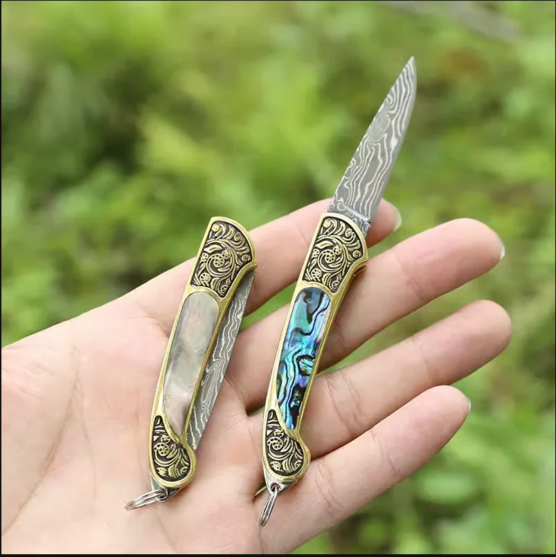 

Folding Knife Handmade Damascus Stee Blade Yellow Brass+Seashell Handle Collectible Gifts Knives Camping Tools EDC Pocket Knife