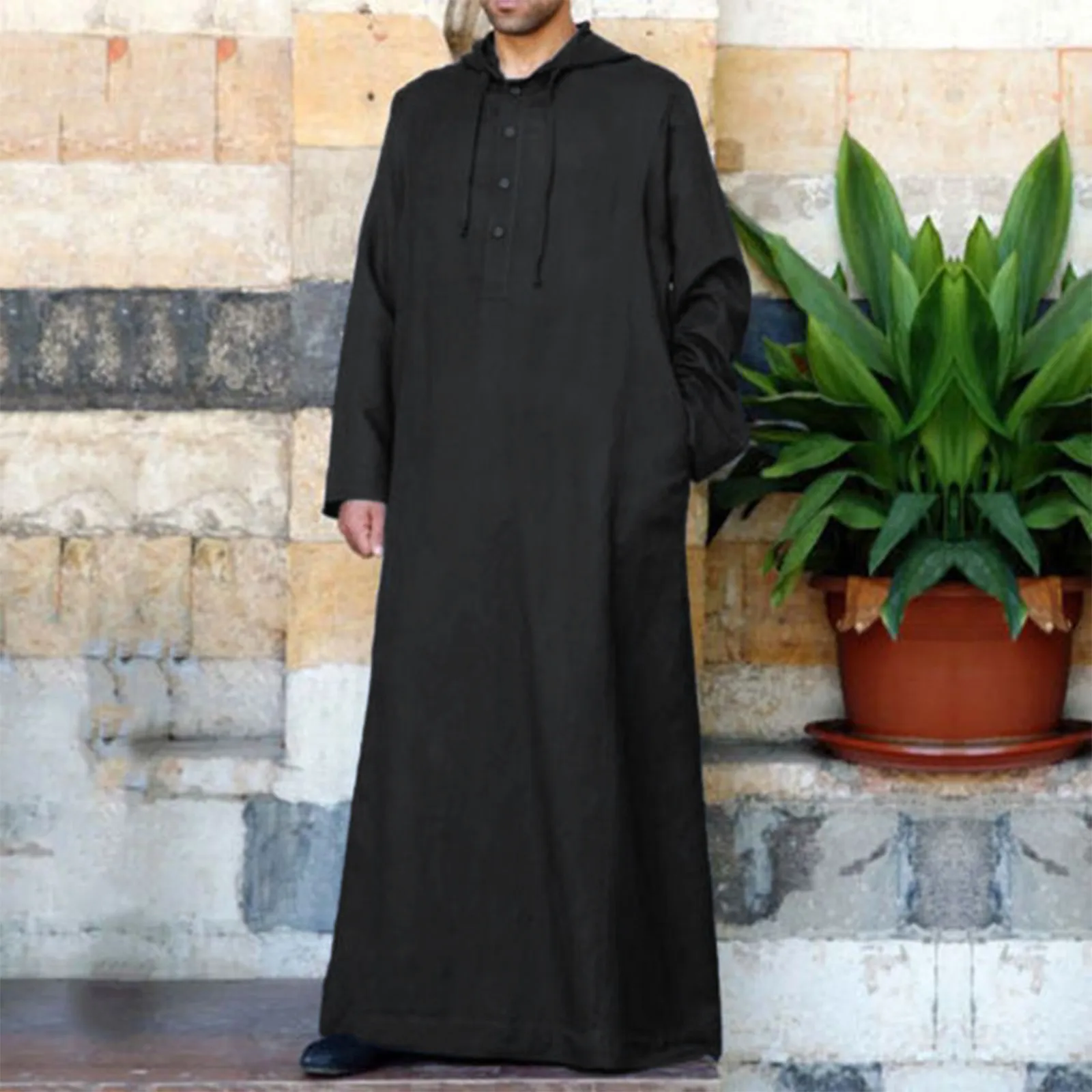 Muslim Men Clothing Thobe Long Sleeve Hooded Breathable Robes Thobe Robe Loose Dubai Saudi Arab Kaftan Men Clothes Galabia